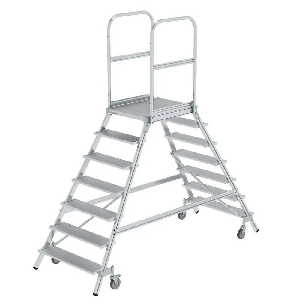 MUNK - Podesttreppe beidseitig begehbar mit Federrollen Aluminium geriffelt 7 Stufen