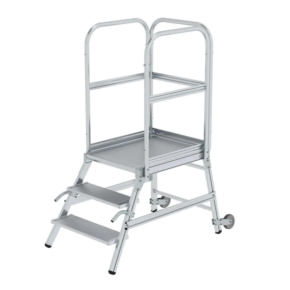 MUNK - Podesttreppe einseitig begehbar mit Rollen und Griffen Aluminium geriffelt 3 Stu