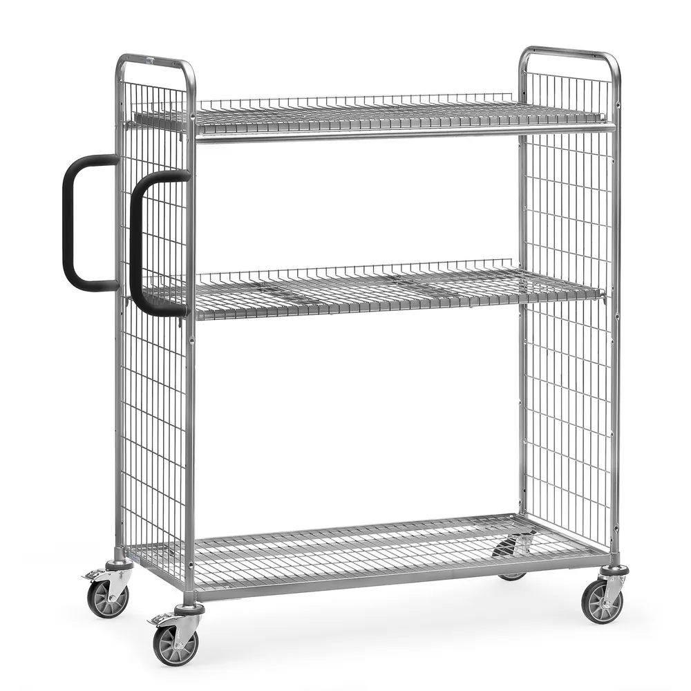 fetra® - Kommissionierwagen, 3 Böden, Gitterwand, Ladefl. 1250x610mm, H 1625mm