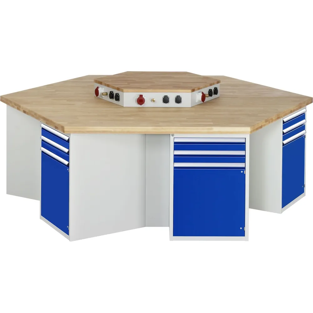 RAU. - Gruppenwerkbank Modell 492, Höhe 840mm, 6 Unterbau-Container, mit Energieaufsatz