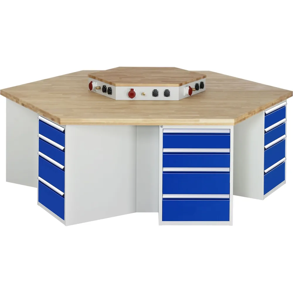 RAU. - Gruppenwerkbank Modell 498, Höhe 890mm, 6 Unterbau-Container, mit Energieaufsatz