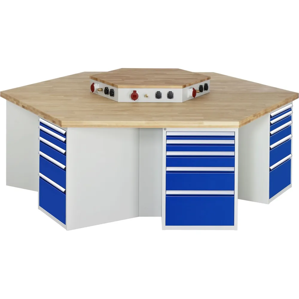 RAU. - Gruppenwerkbank Modell 499, Höhe 840mm, 6 Unterbau-Container, mit Energieaufsatz