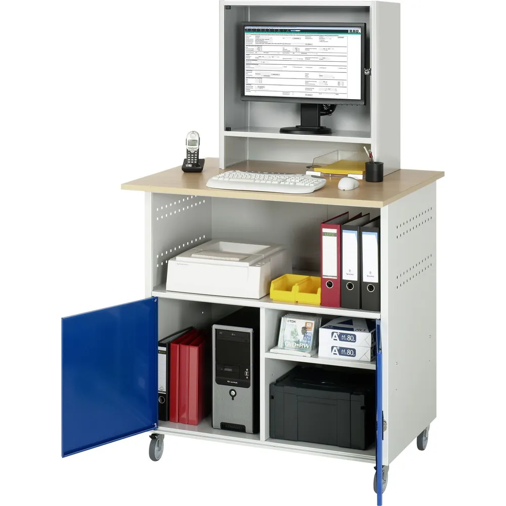 RAU. - Computer-Tisch Modell 1023, RAL 7035/5010, fahrbar, 1100 x 800mm, Monitorgehäuse Hover Image