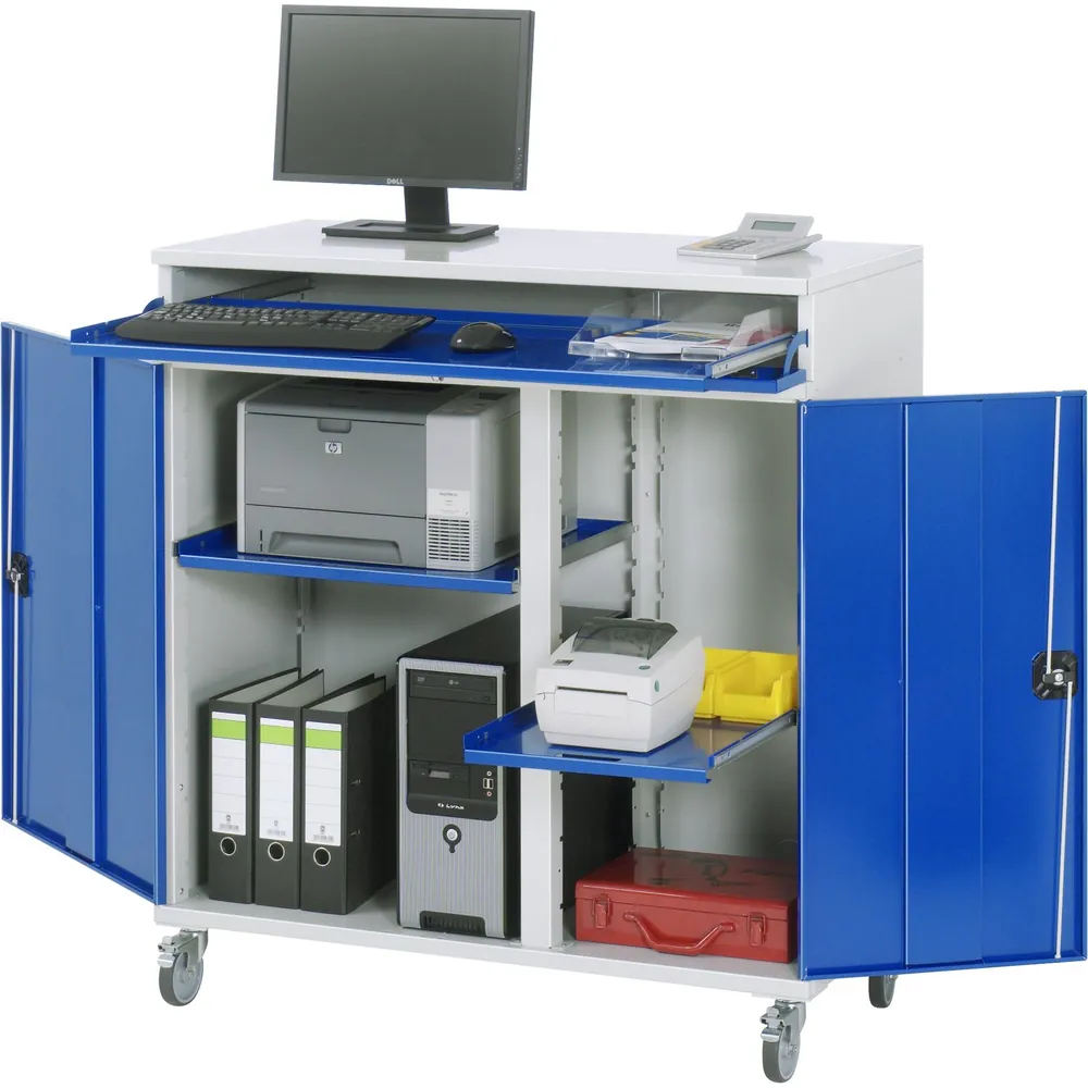 RAU. - Computer-Schrank Modell 60, RAL 7035 / RAL 5010, fahrbar, 1100 x 520mm Hover Image