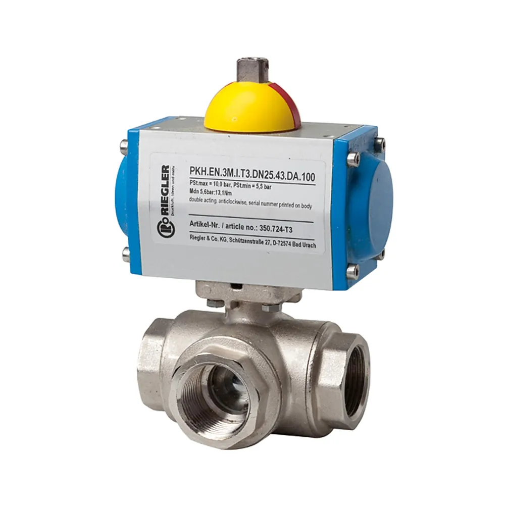 RIEGLER - Messingkugelhahn, pneumat. Stellantrieb, T-Bohrung, Rp 2 (350.727-T3)