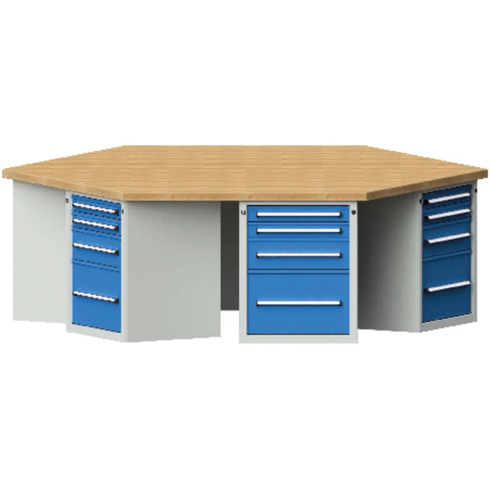 ANKE® - 6-Eck-Werkbank mit je 4 Schubladen grau/blau I.3196.2335
