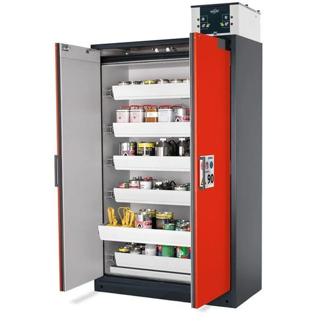 asecos® - Feuerbeständiger Gefahrstoffschrank Select W-126, 6 Auszugswannen, Türen rot