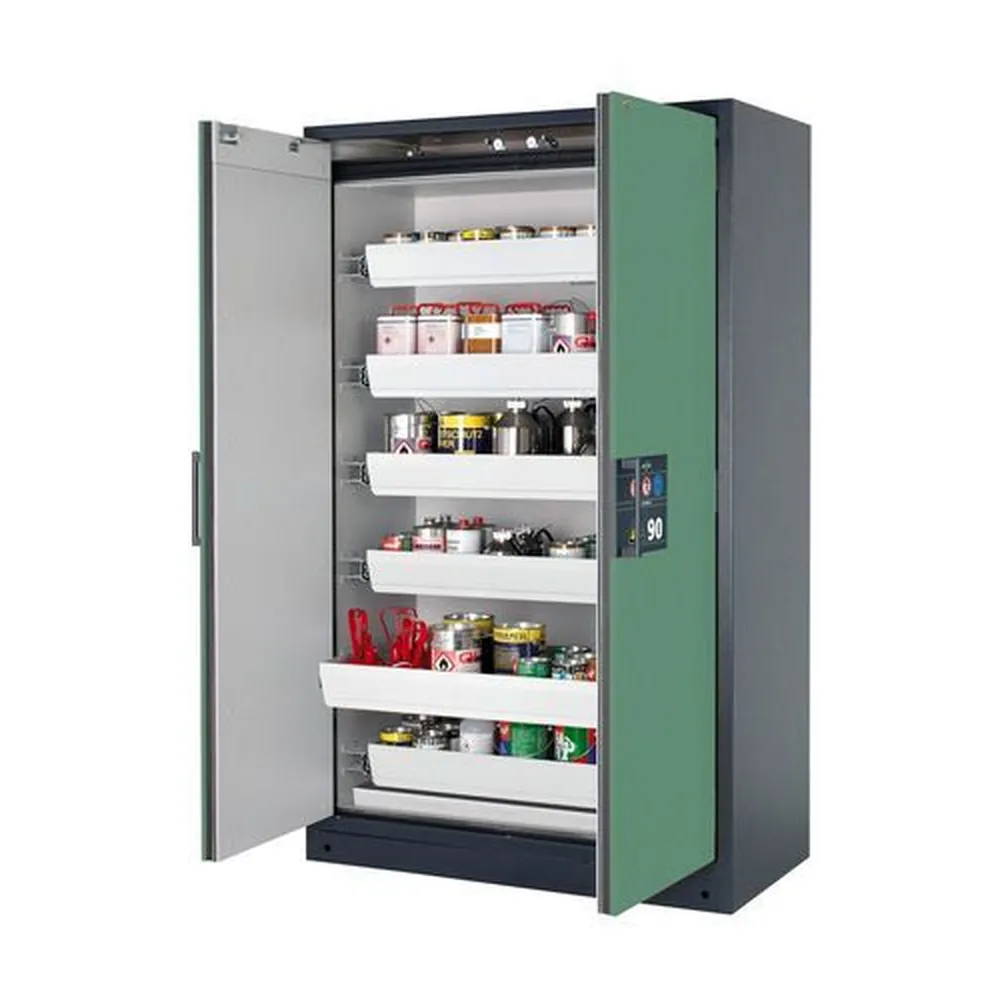 asecos® - Feuerbeständiger Gefahrstoffschrank Select W-126, 6 Auszugswannen, Türen grün