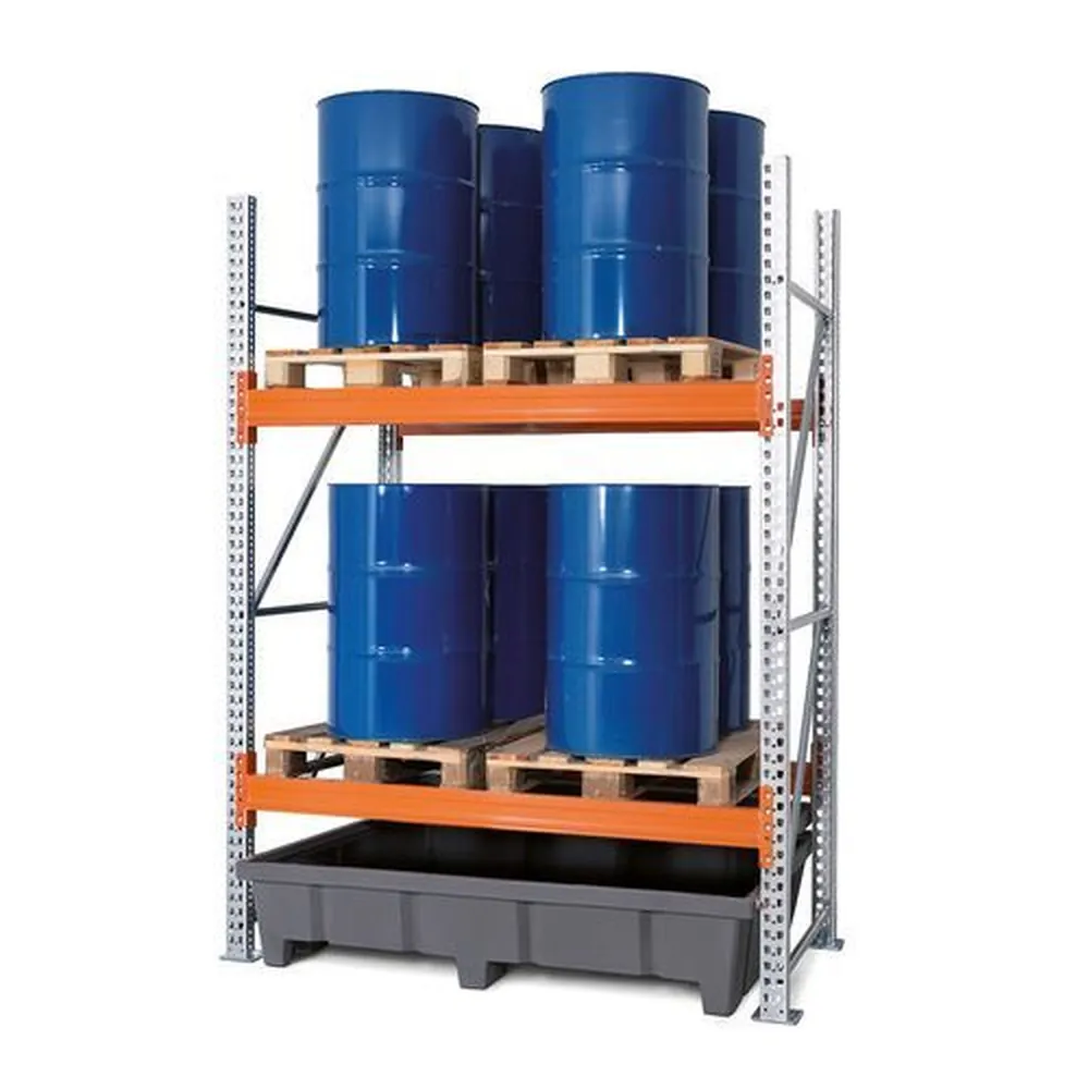 NOBRAND - Gefahrstoff-Palettenregal, Grundfeld, 2 Lagerebenen, Kunststoff-Auffangwanne, 2025 x 1315 x 2700 mm