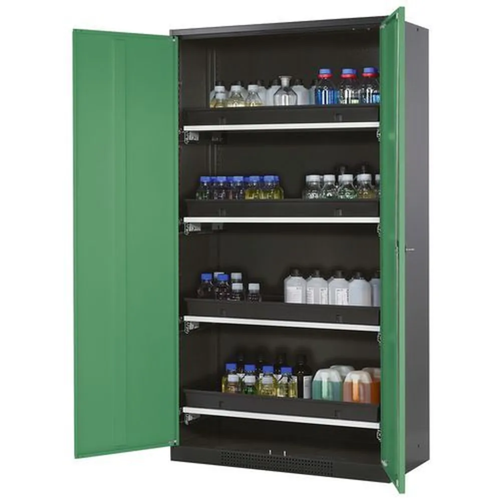asecos® - asecos Chemikalienschrank Systema-T CS-104, Korpus anthrazit, grün, incl. 4 Tablarauszüge