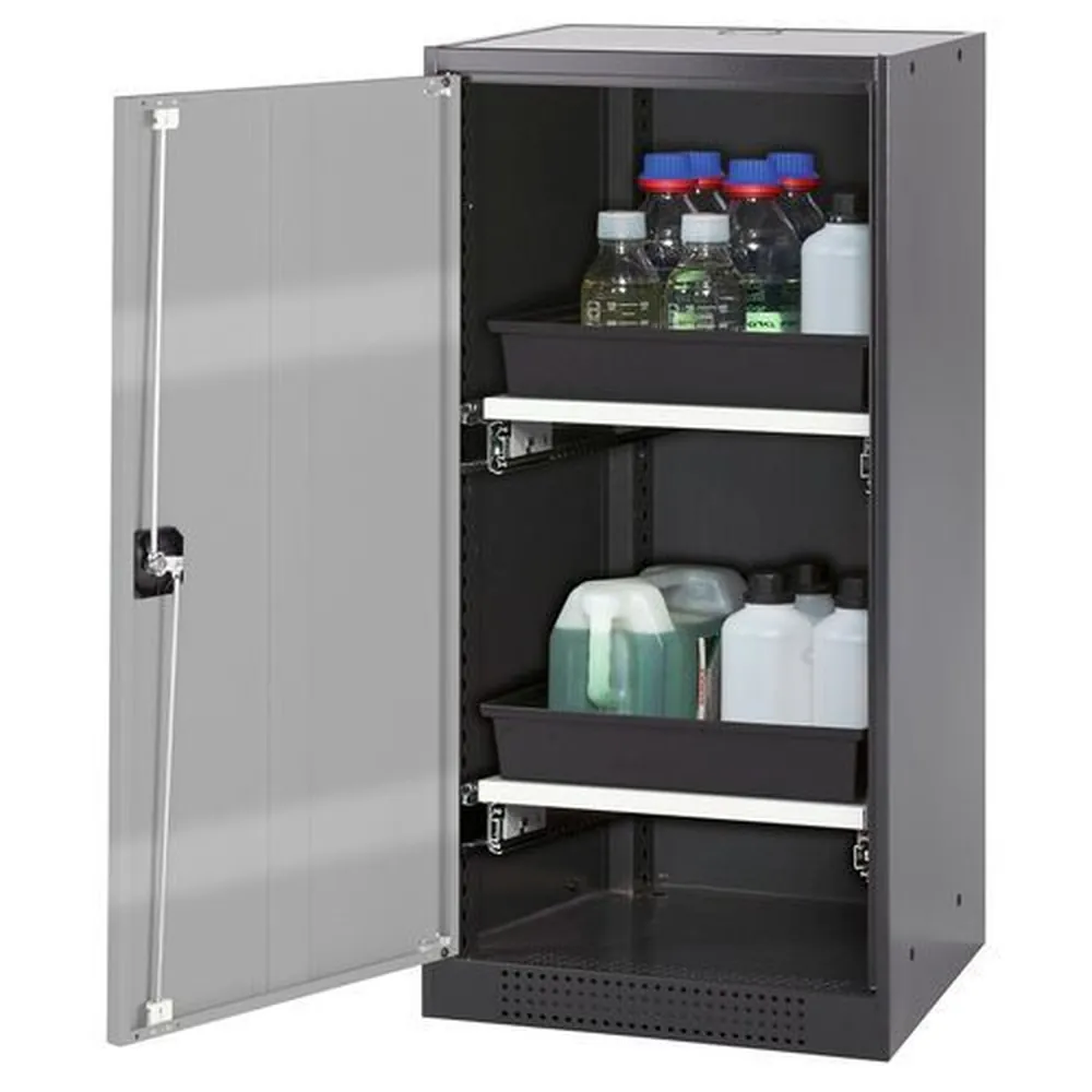 asecos® - asecos Chemikalienschrank Systema-T CS-52L, Korpus anthrazit, Flügeltüren silber, 2 Tablarauszüge