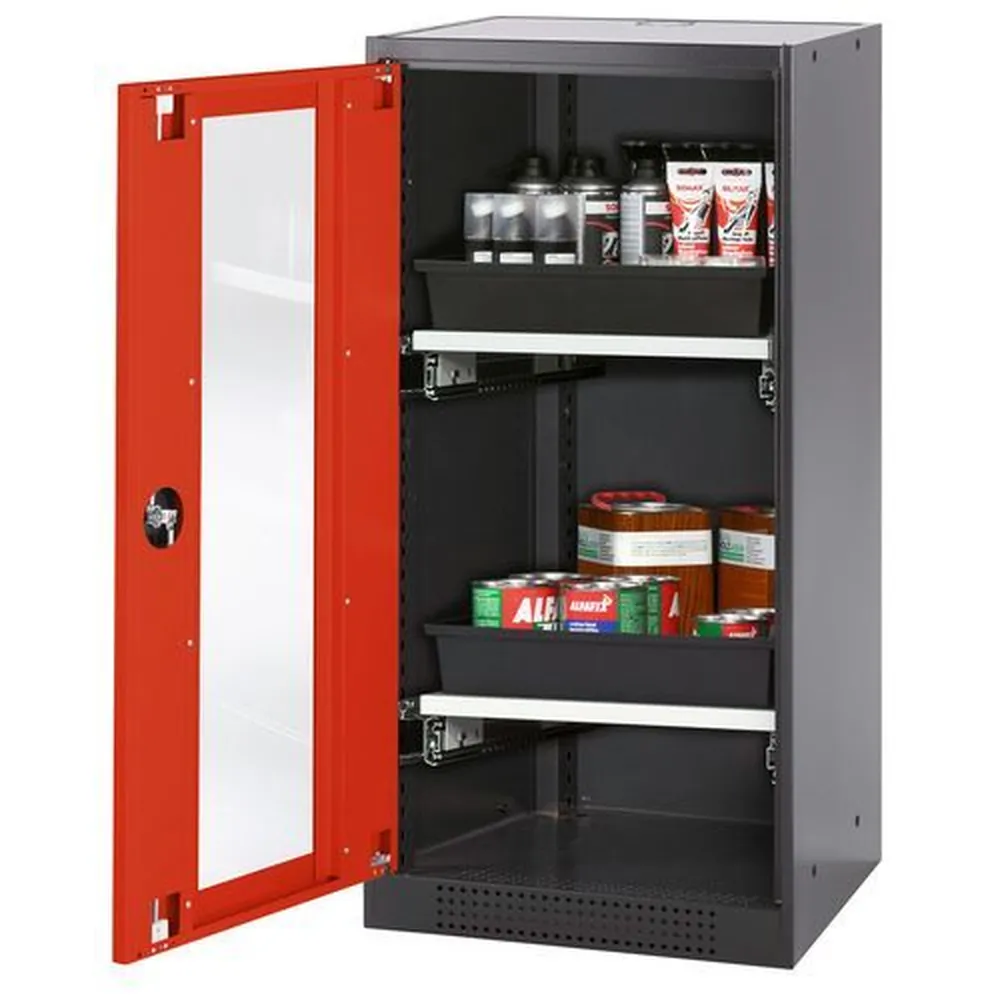 asecos® - asecos Chemikalienschrank Systema-T CS-52LG, Korpus anthrazit, Flügeltüren rot, 2 Tablarauszüge