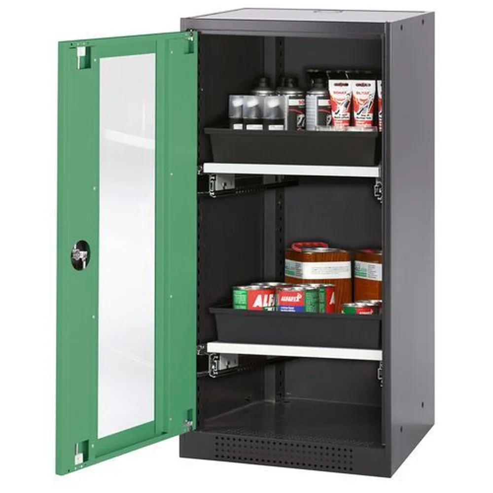 asecos® - asecos Chemikalienschrank Systema-T CS-52LG, Korpus anthrazit, Flügeltüren grün, 2 Tablarauszüge