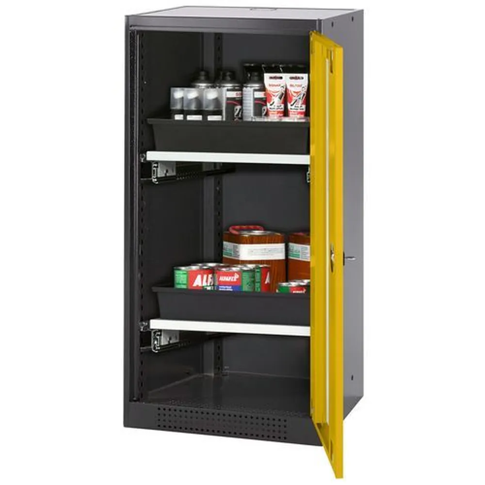 asecos® - asecos Chemikalienschrank Systema-T CS-52RG, Korpus anthrazit, Flügeltüren gelb, 2 Tablarauszüge