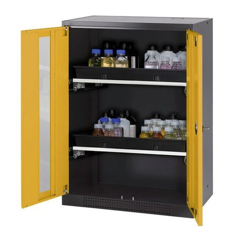 asecos® - asecos Chemikalienschrank Systema-T CS-82G, Korpus anthrazit, Flügeltüren gelb, 2 Tablarauszüge