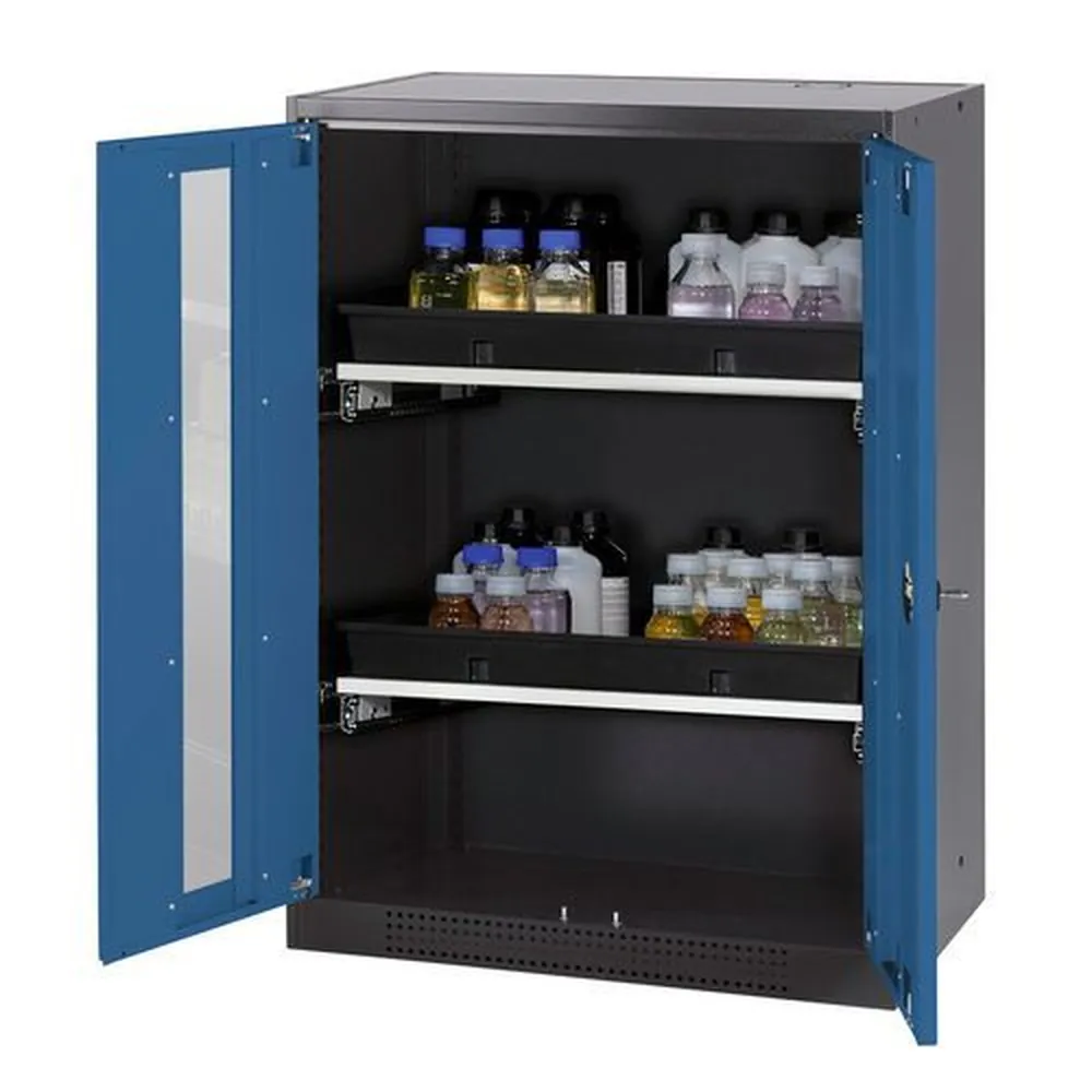 asecos® - asecos Chemikalienschrank Systema-T CS-82G, Korpus anthrazit, Flügeltüren blau, 2 Tablarauszüge
