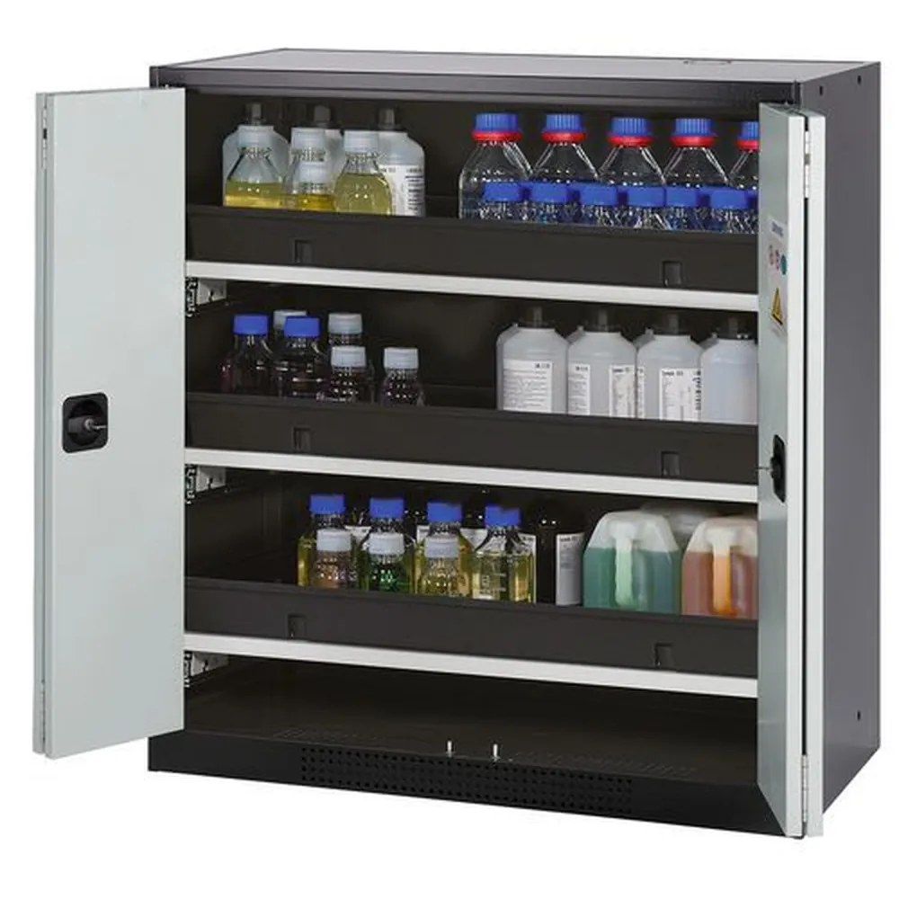 asecos® - asecos Chemikalienschrank Systema-T CS-103F, Korpus anthrazit, Falttüren grau, 3 Tablarauszüge