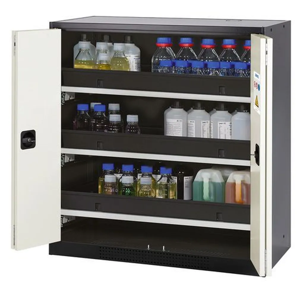 asecos® - asecos Chemikalienschrank Systema-T CS-103F, Korpus anthrazit, Falttüren weiß, 3 Tablarauszüge
