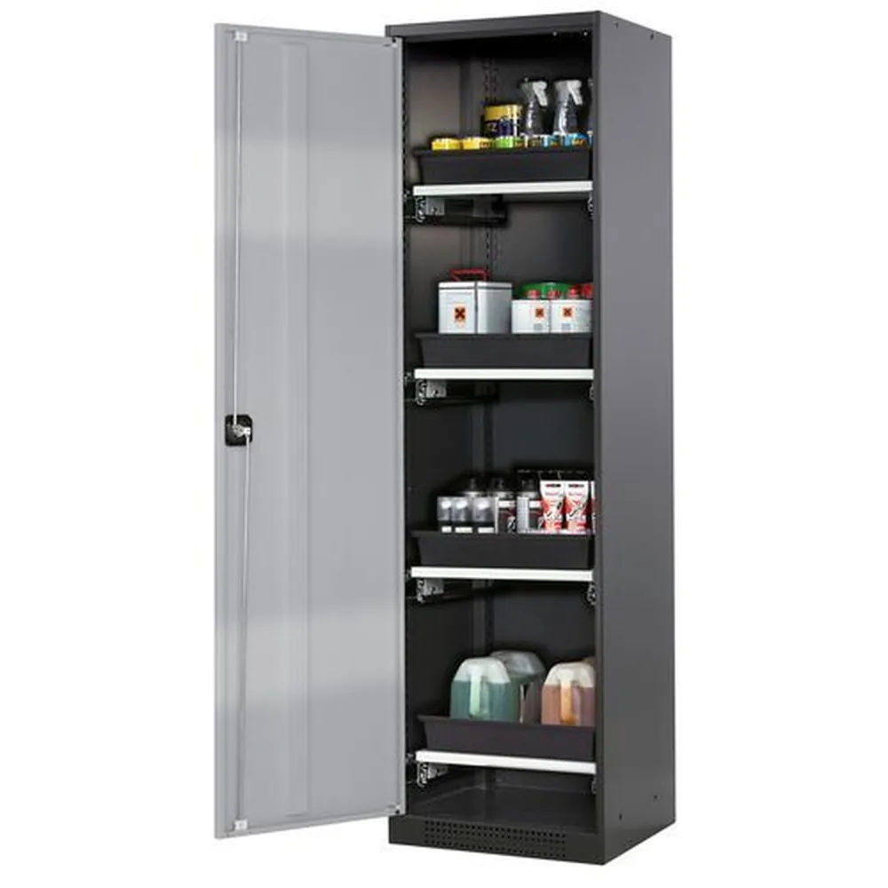 asecos® - asecos Chemikalienschrank Systema-T CS-54L, Korpus anthrazit, Flügeltüren silber, 4 Tablarauszüge