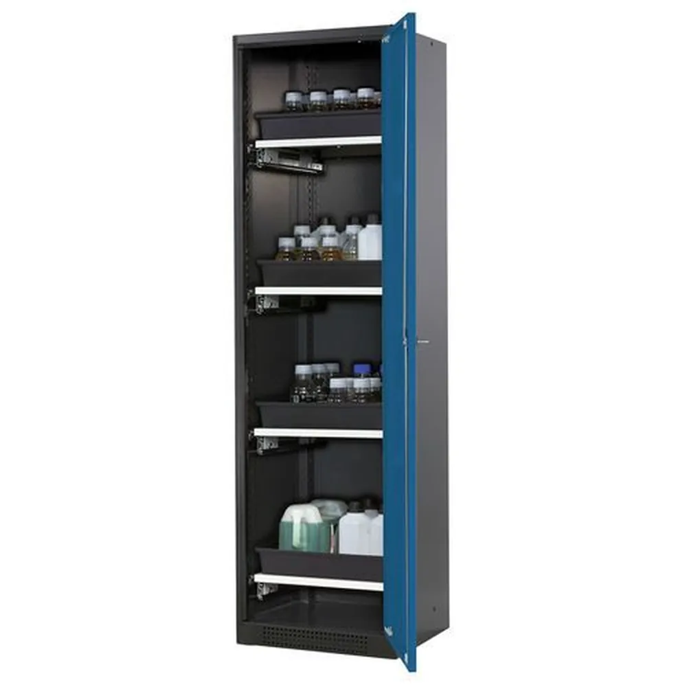 asecos® - asecos Chemikalienschrank Systema-T CS-54R, Korpus anthrazit, Flügeltüren blau, 4 Tablarauszüge