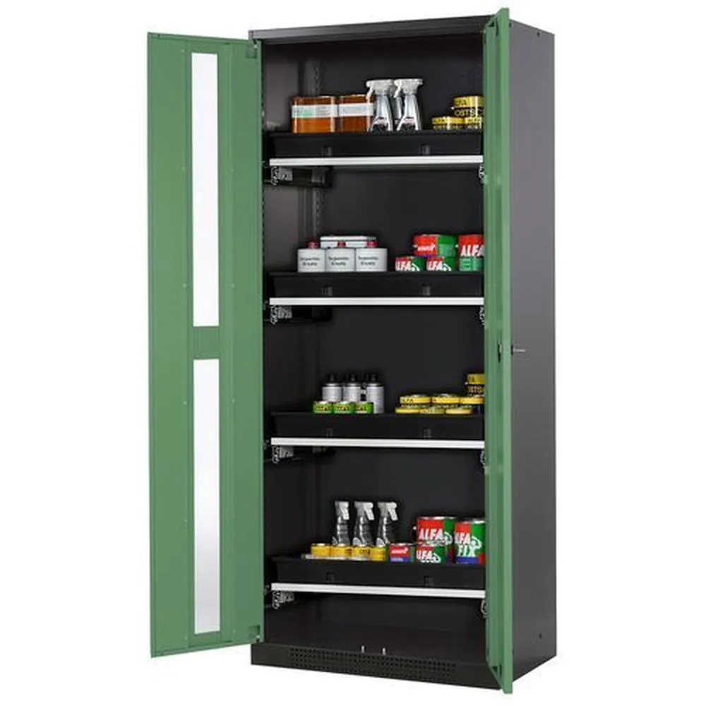 asecos® - asecos Chemikalienschrank Systema-T CS-84G, Korpus anthrazit, Flügeltüren grün, 4 Tablarauszüge