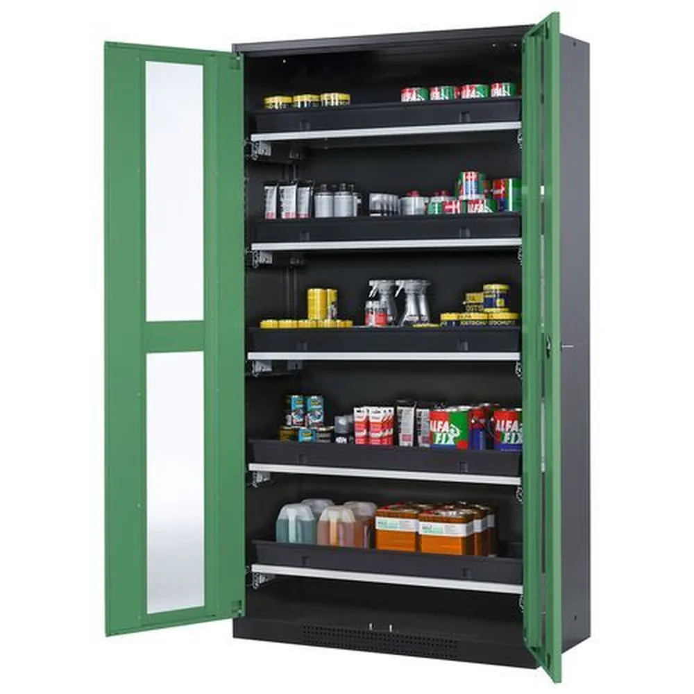 asecos® - asecos Chemikalienschrank Systema-T CS-105G, Korpus anthrazit, Flügeltüren grün, 5 Tablarauszüge