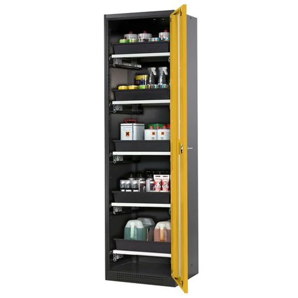 asecos® - asecos Chemikalienschrank Systema-T CS-55RG, Korpus anthrazit, Flügeltüren gelb, 5 Tablarauszüge