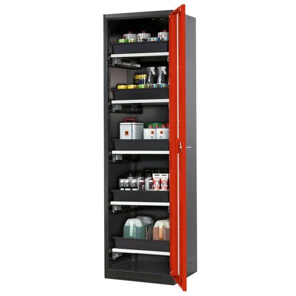 asecos® - asecos Chemikalienschrank Systema-T CS-55RG, Korpus anthrazit, Flügeltüren rot, 5 Tablarauszüge