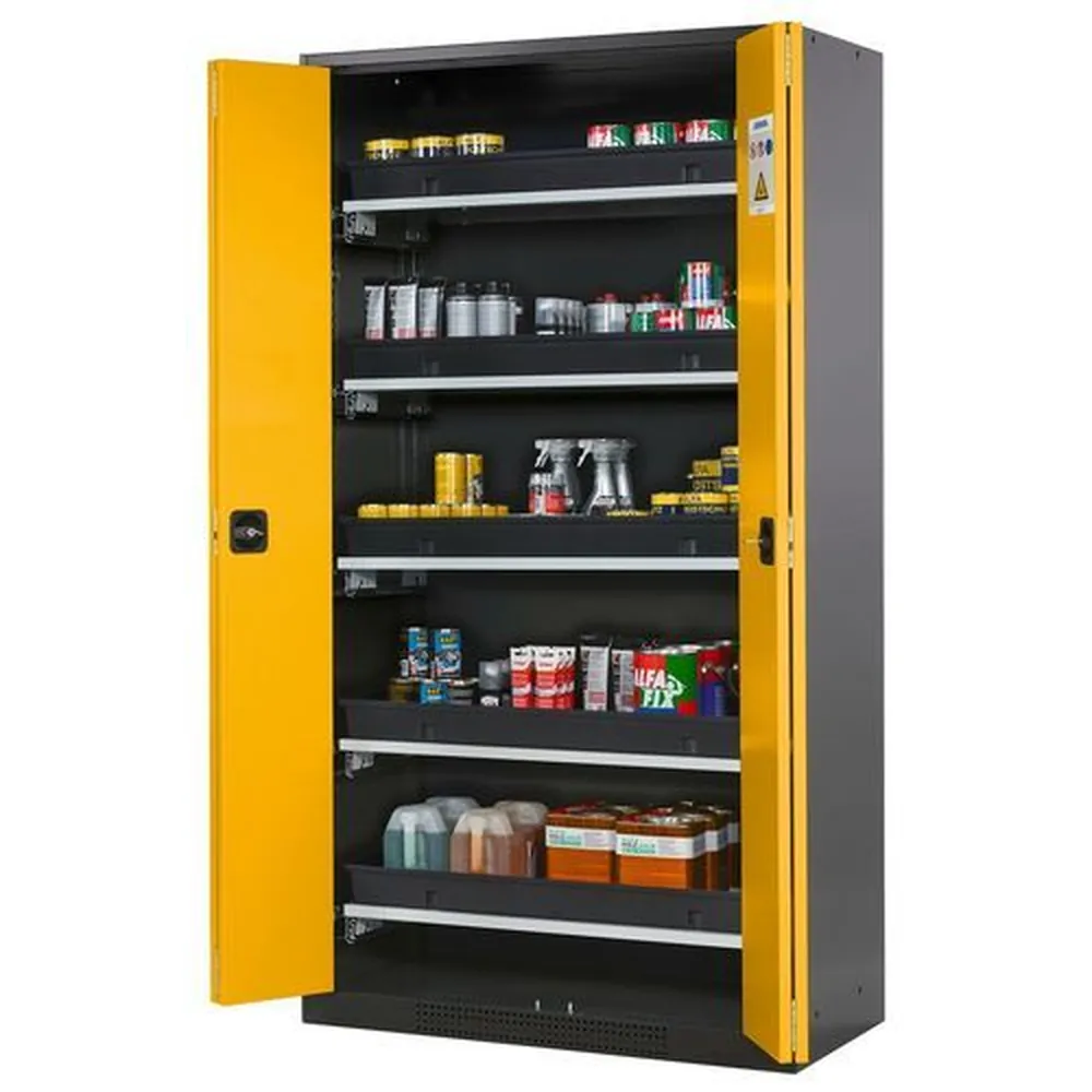 asecos® - asecos Chemikalienschrank Systema-T CS-105F, Korpus anthrazit, Falttüren gelb, 5 Tablarauszüge