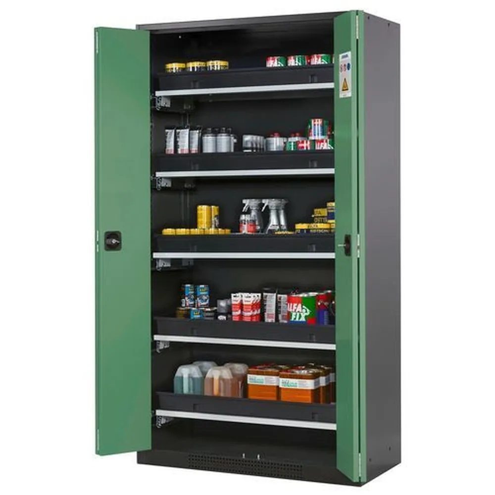 asecos® - asecos Chemikalienschrank Systema-T CS-105F, Korpus anthrazit, Falttüren grün, 5 Tablarauszüge