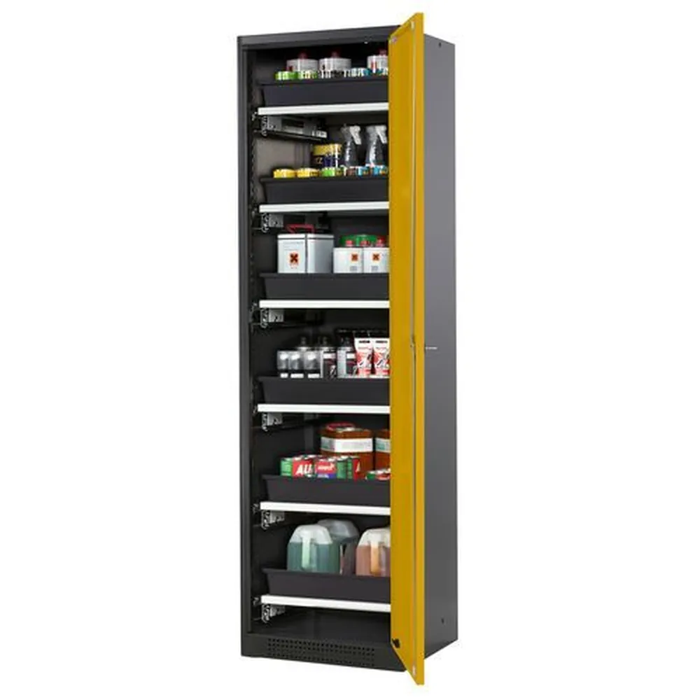 asecos® - asecos Chemikalienschrank Systema-T CS-56R, Korpus anthrazit, Flügeltüren gelb, 6 Tablarauszüge