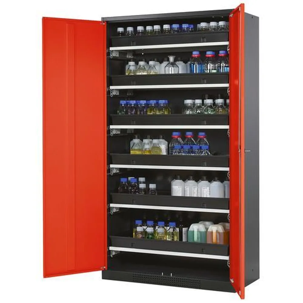 asecos® - asecos Chemikalienschrank Systema-T CS-106, Korpus anthrazit, Flügeltüren rot, 6 Tablarauszüge