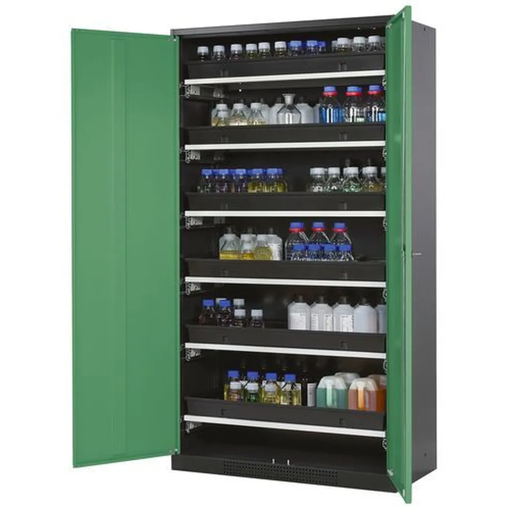 asecos® - asecos Chemikalienschrank Systema-T CS-106, Korpus anthrazit, Flügeltüren grün, 6 Tablarauszüge