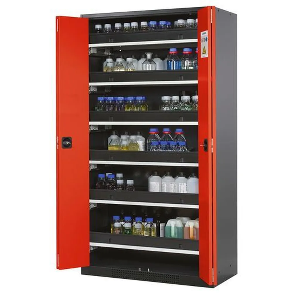asecos® - asecos Chemikalienschrank Systema-T CS-106F, Korpus anthrazit, Falttüren rot, 6 Tablarauszüge