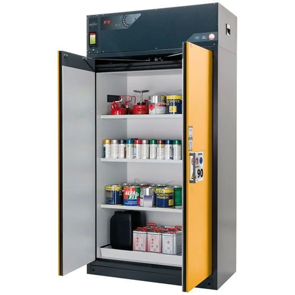 asecos® - Feuerbeständiger Umluft-Gefahrstoffschrank Custos, Türen gelb, mit 3 Einlegeböden, Typ E-123