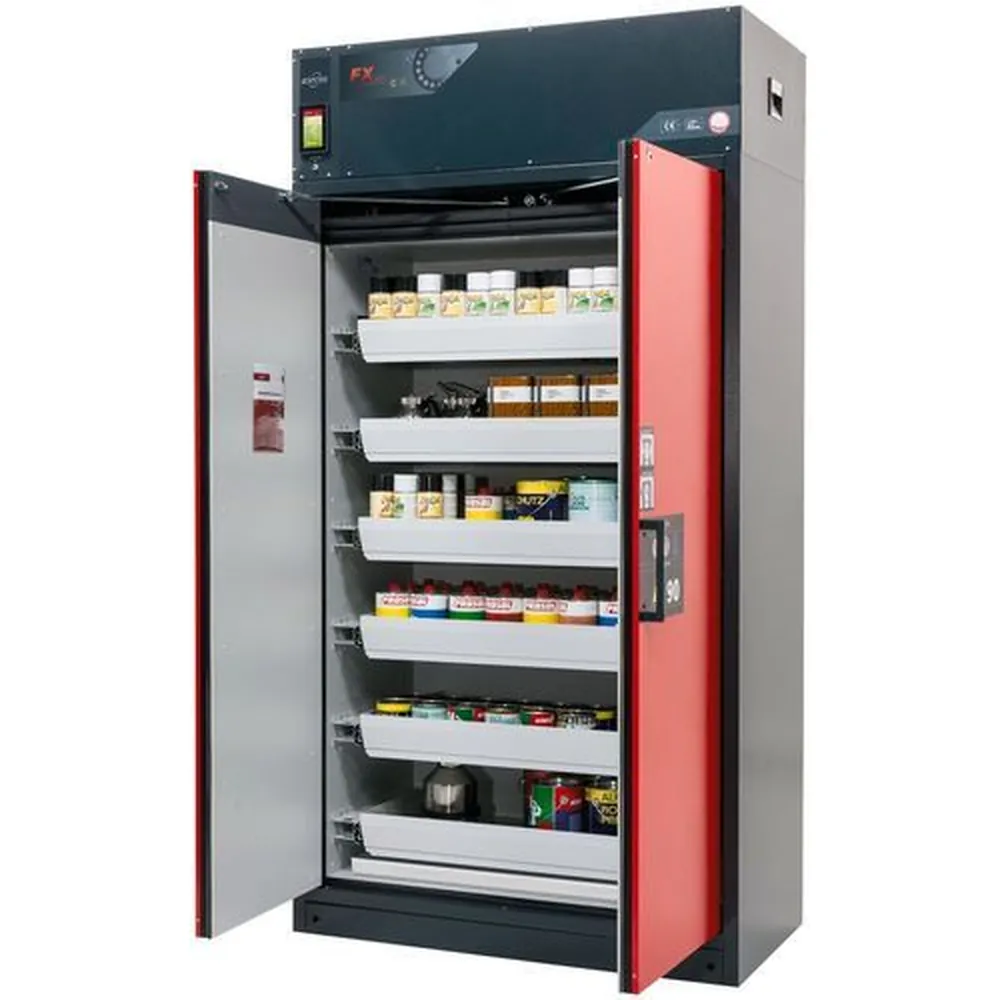 asecos® - Feuerbeständiger Umluft-Gefahrstoffschrank Custos, Türen rot, mit 6 Auszugswannen, Typ E-126