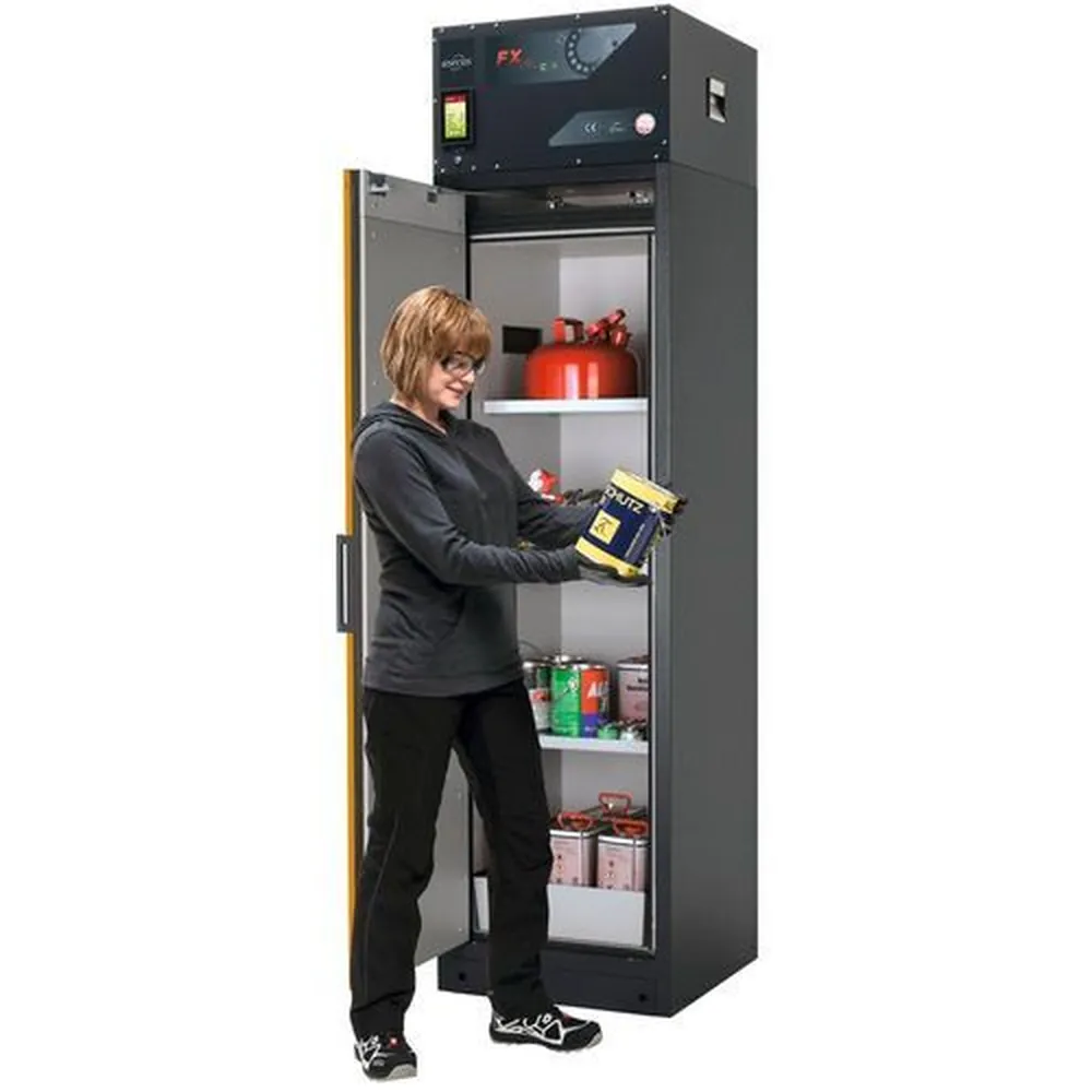 asecos® - Feuerbeständiger Umluft-Gefahrstoffschrank Custos, Tür gelb,3 Böden, Türanschlag lks.,Typ A-63