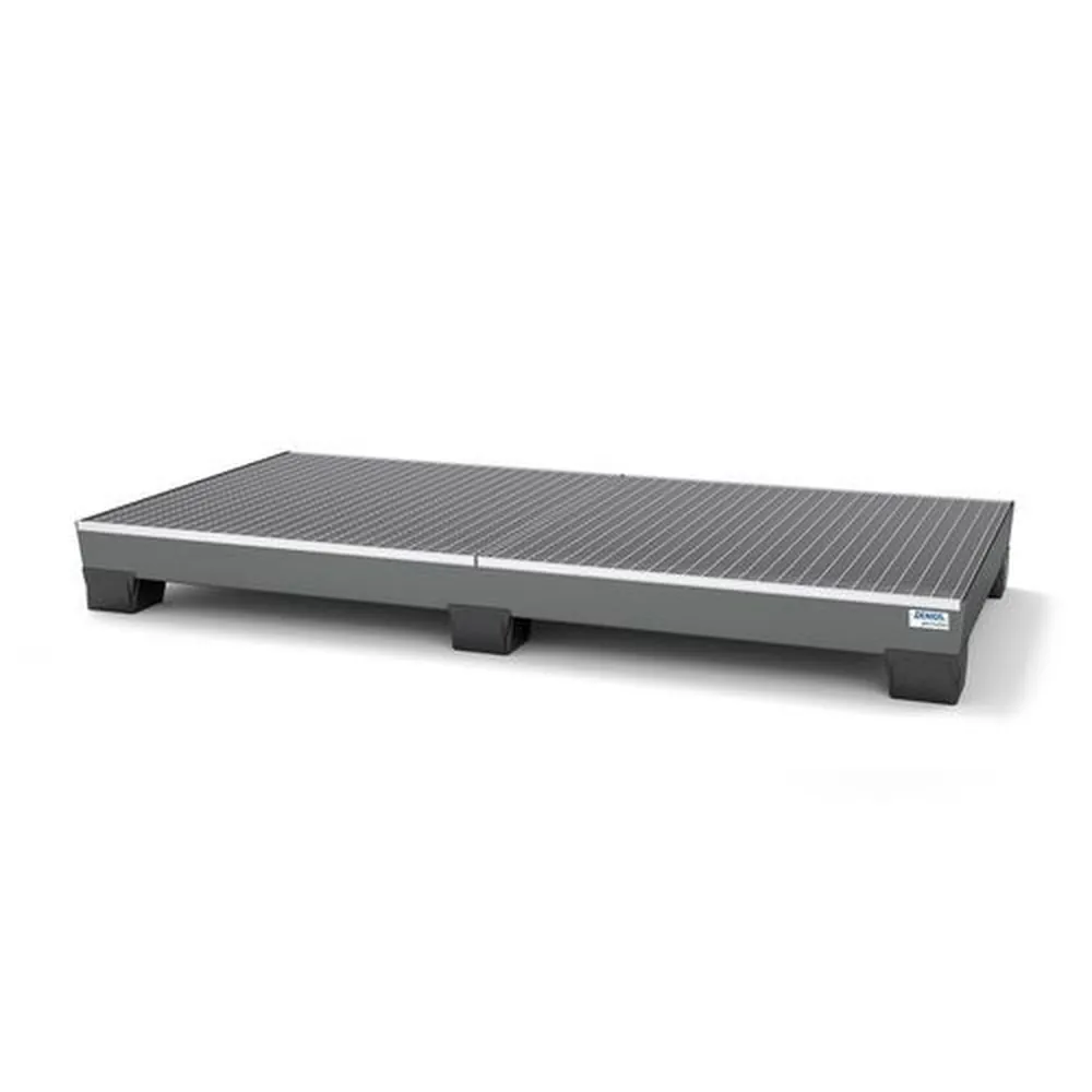 DENIOS pro-line - Auffangwanne pro-line aus Stahl für 8 Fässer, lackiert, unterfahrbar, m. Gitterrost, 2455x1210x250