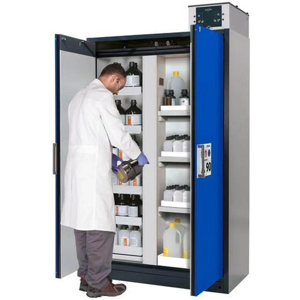 asecos® - asecos Feuerbeständiger Gefahrstoffschrank Select, Mittelwand, Auszugswannen und Wannenböden, blau