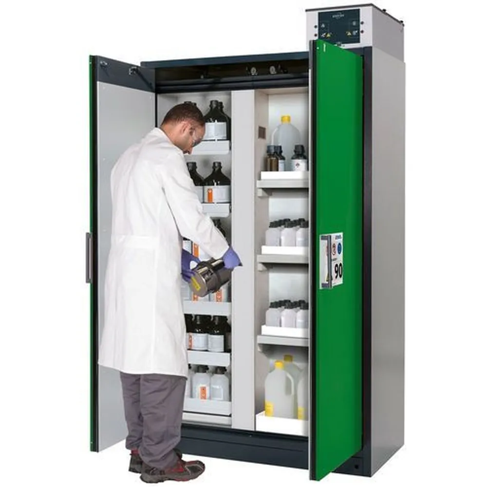 asecos® - asecos Feuerbeständiger Gefahrstoffschrank Select, Mittelwand, Auszugswannen und Wannenböden, grün