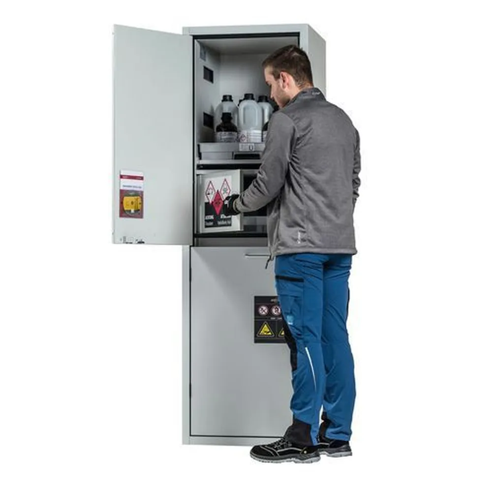 asecos® - Säuren- und Laugenschrank SL-Plus, 3 Tablarauszüge, 1 Flusssäurefach, Tür links