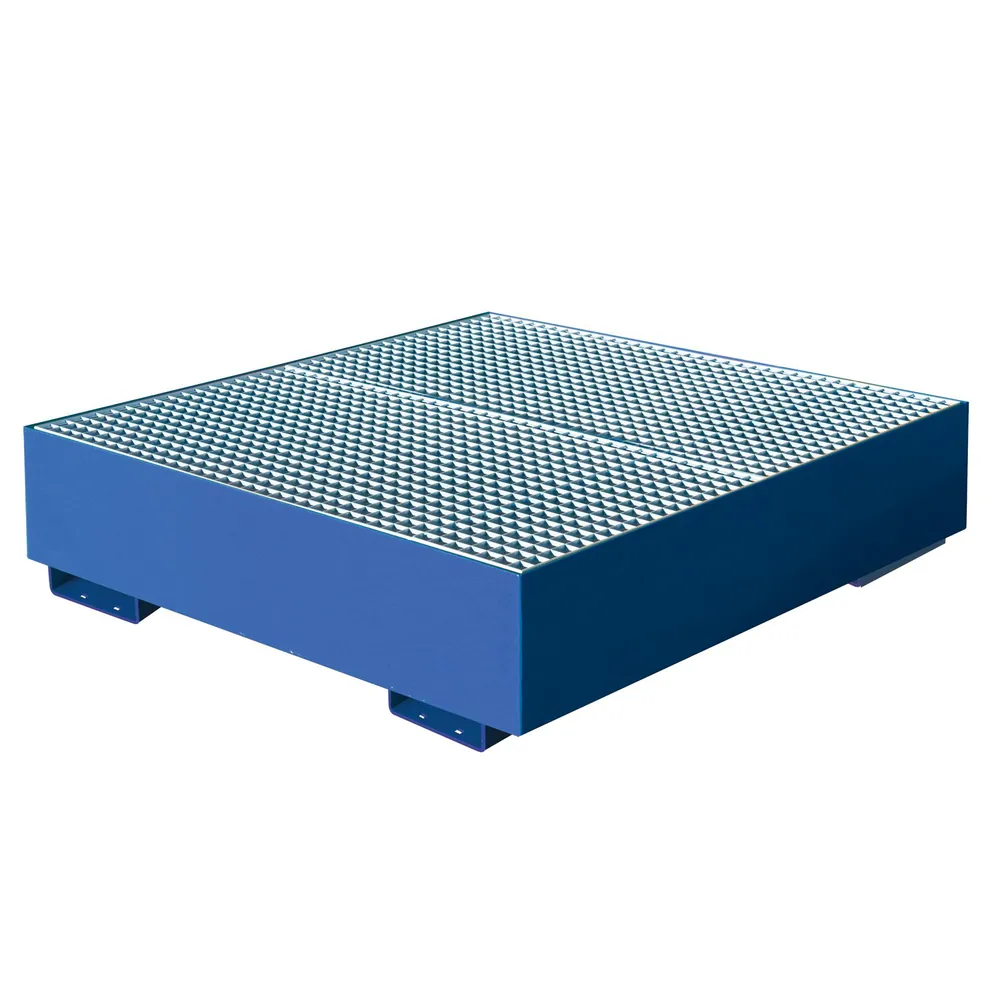 Eichinger® - Auffangwanne mit geraden Seitenwänden, mit Gitterrost, 4 x Fässer, enzianblau