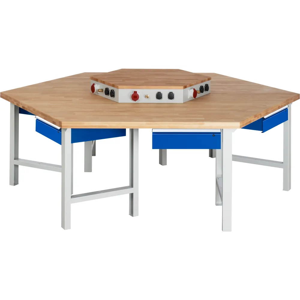 RAU. - Gruppenwerkbank Modell 401, Höhe 840mm, 6 Schubladen, mit Energieaufsatz Hover Image